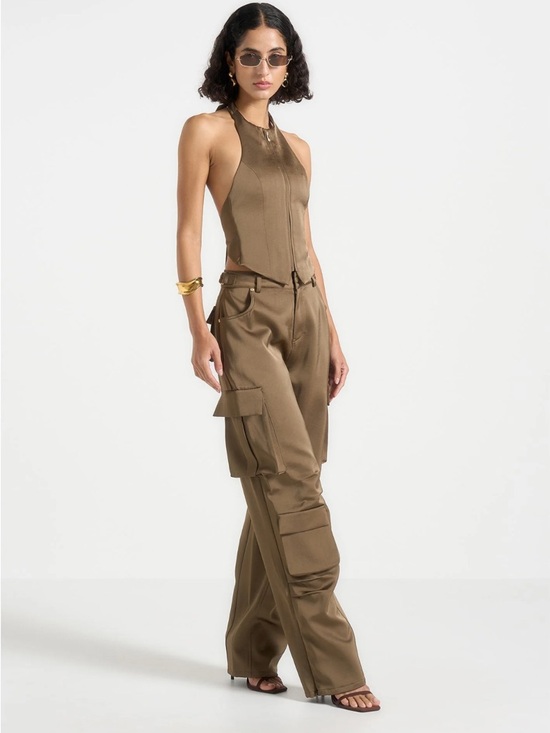 Maniere De Voir Pants - Maniere De Voir Emilie Satin High Waisted Cargo Pants Dark Olive Wide Leg Zip 0